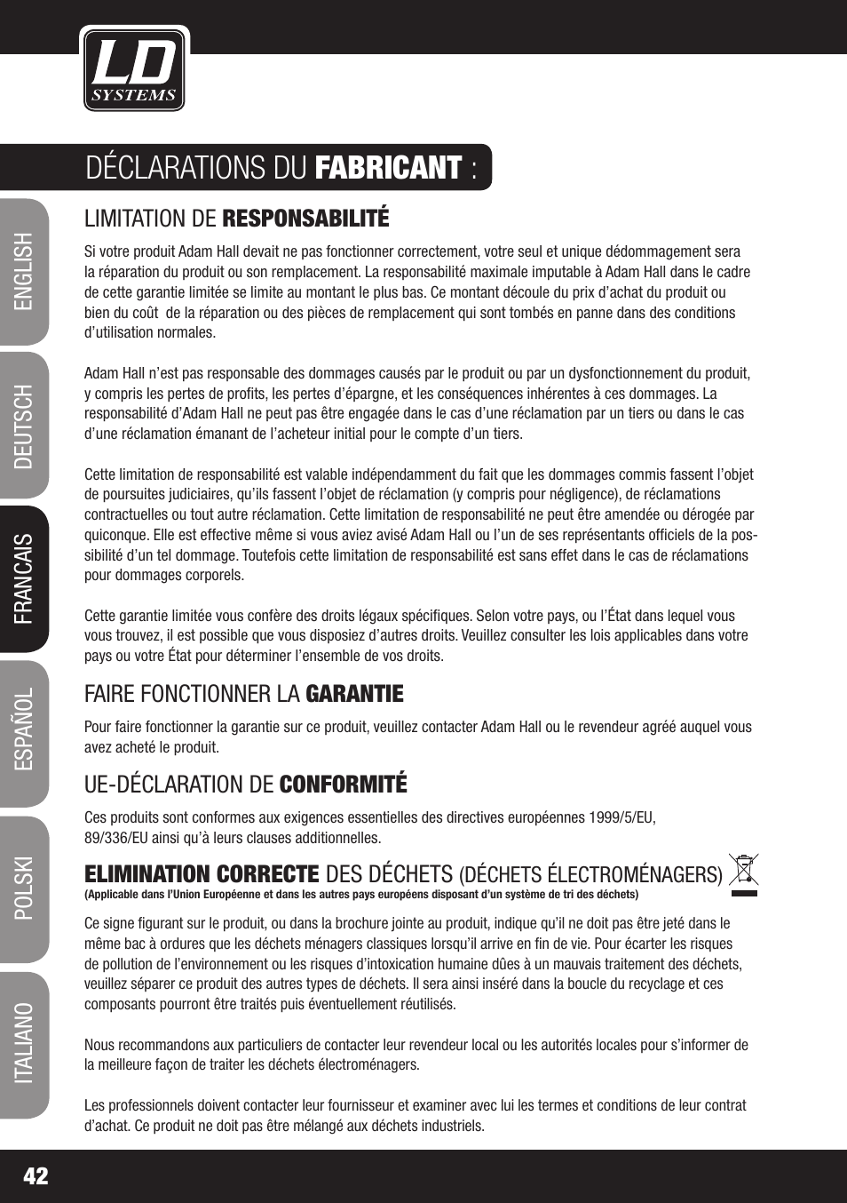Déclarations du fabricant | LD Systems ECO 16 User Manual | Page 42 / 86