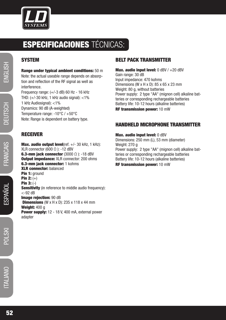 Especificaciones técnicas | LD Systems ECO 16 User Manual | Page 52 / 86