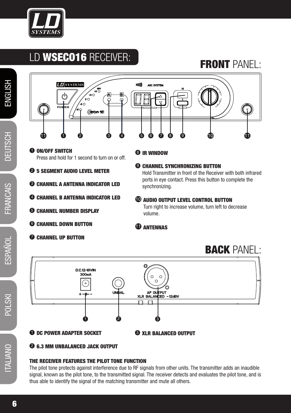 Ld wseco16 receiver, Front panel: back panel, 5 segment audio level meter | Channel a antenna indicator led, Channel b antenna indicator led, Channel number display, Channel down button, Channel up button, Ir window, Antennas | LD Systems ECO 16 User Manual | Page 6 / 86