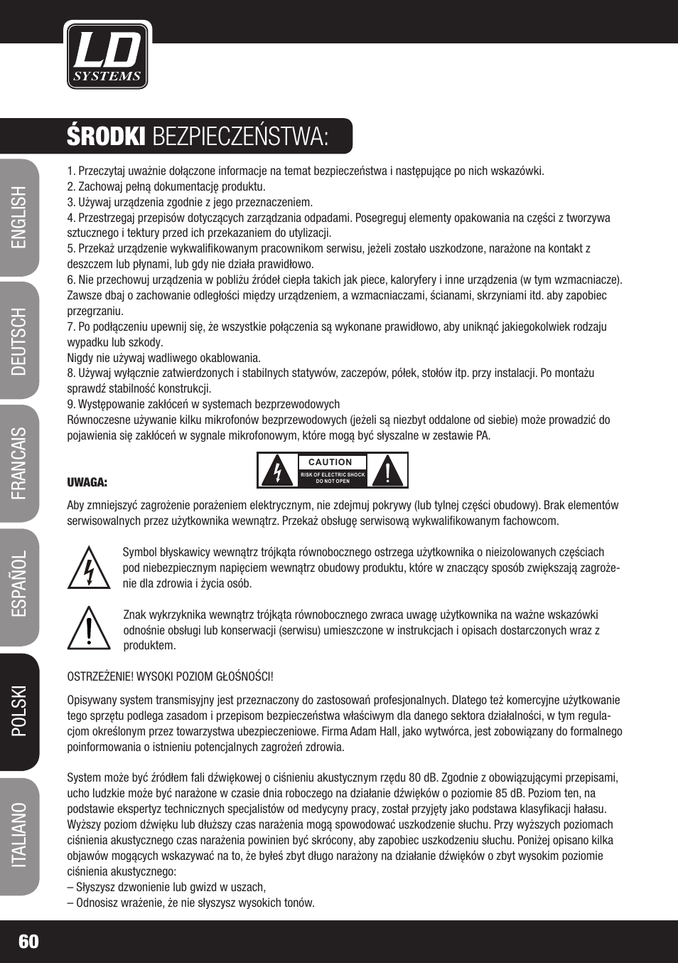 Środki bezpieczeństwa | LD Systems ECO 16 User Manual | Page 60 / 86