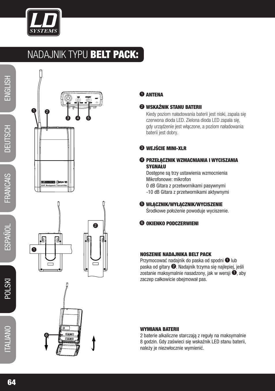 Nadajnik typu belt pack | LD Systems ECO 16 User Manual | Page 64 / 86