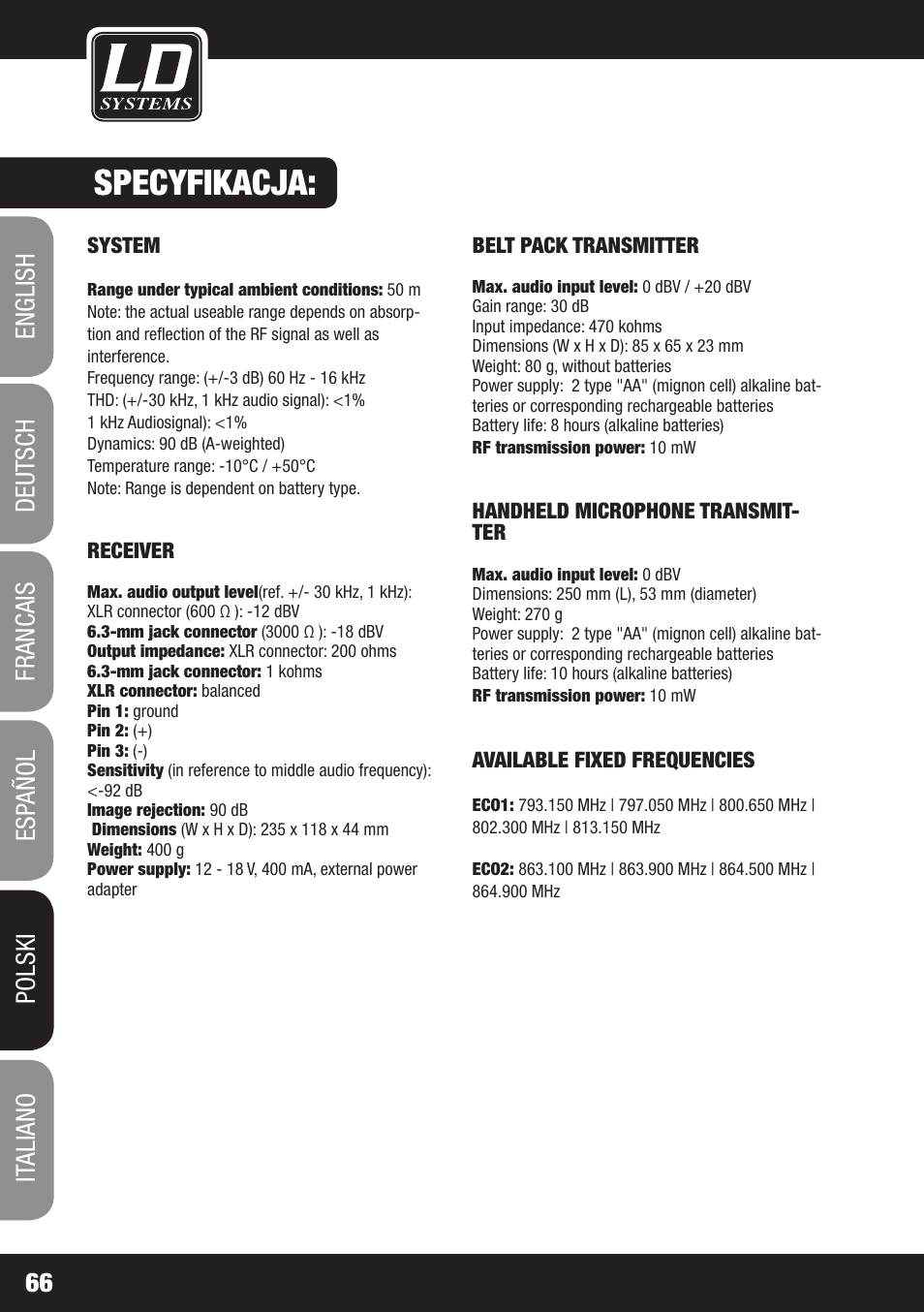 Specyfikacja | LD Systems ECO 16 User Manual | Page 66 / 86