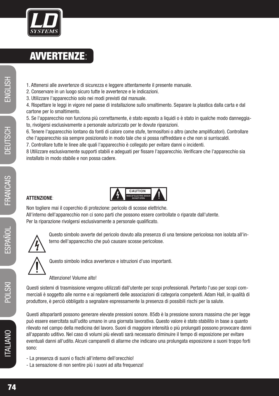 Avvertenze | LD Systems ECO 16 User Manual | Page 74 / 86