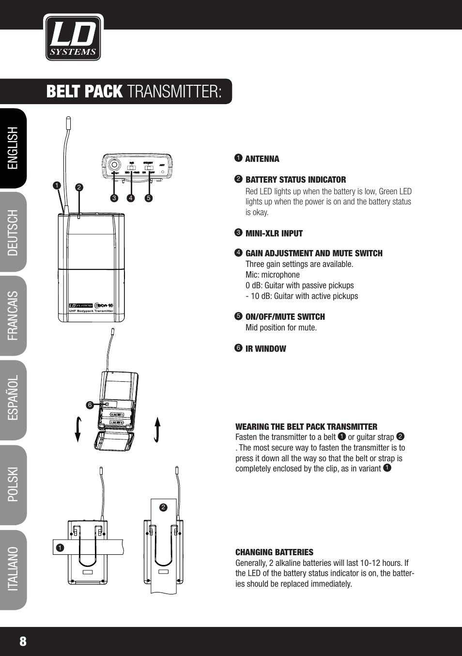 Belt pack transmitter | LD Systems ECO 16 User Manual | Page 8 / 86