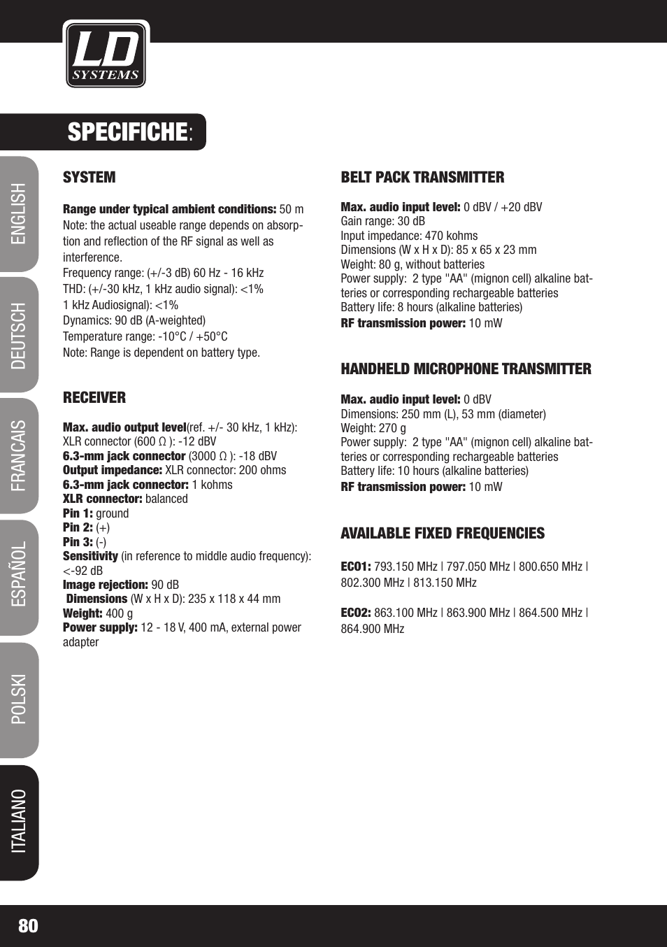 Specifiche | LD Systems ECO 16 User Manual | Page 80 / 86