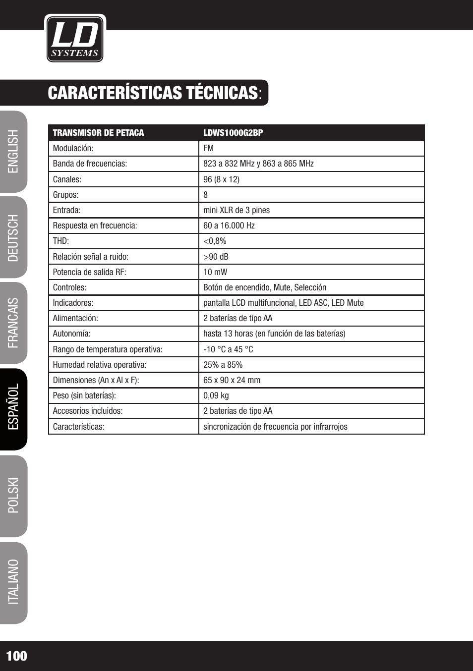 Características técnicas | LD Systems WS 1000 G2 User Manual | Page 100 / 160