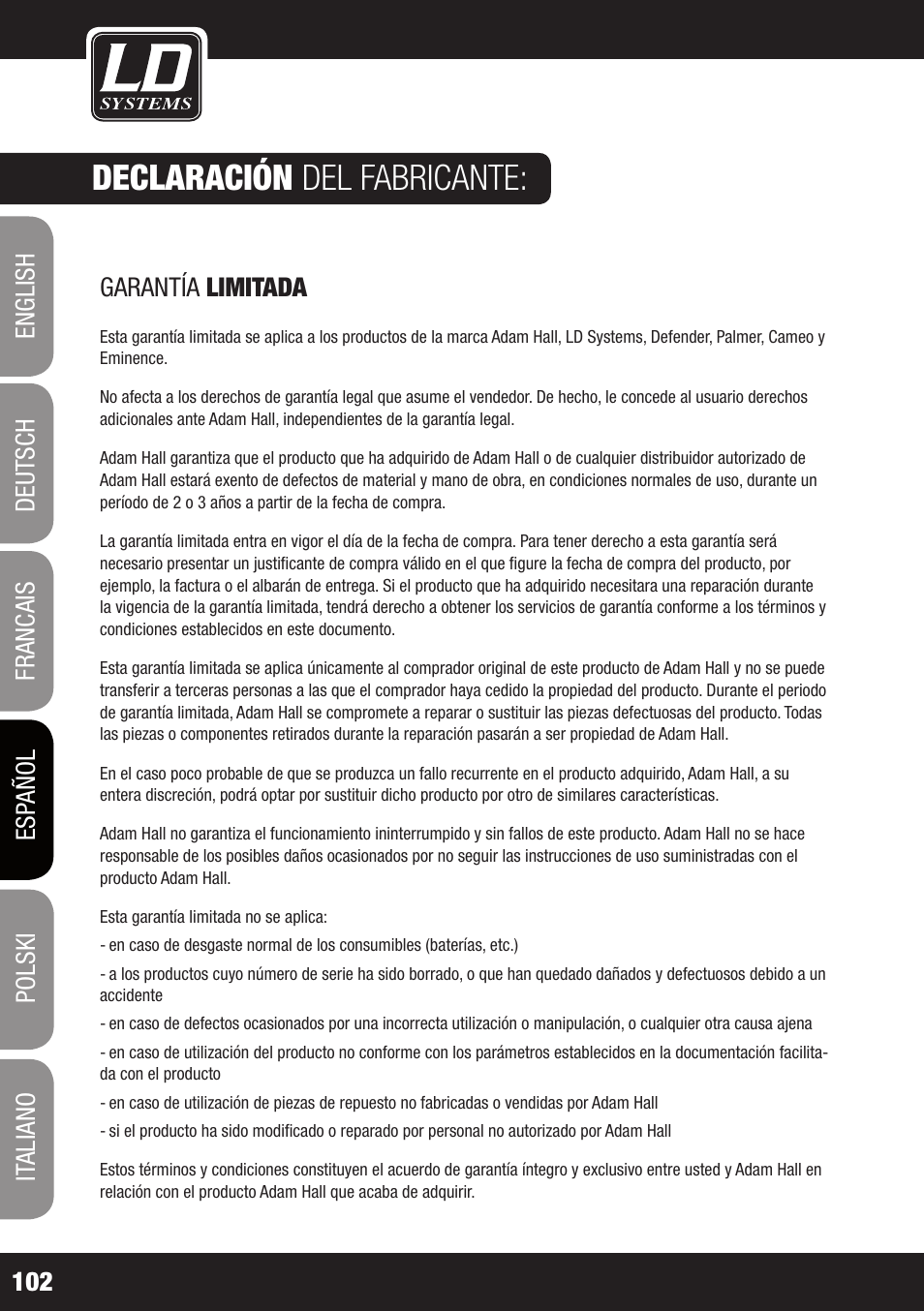 Declaración del fabricante | LD Systems WS 1000 G2 User Manual | Page 102 / 160