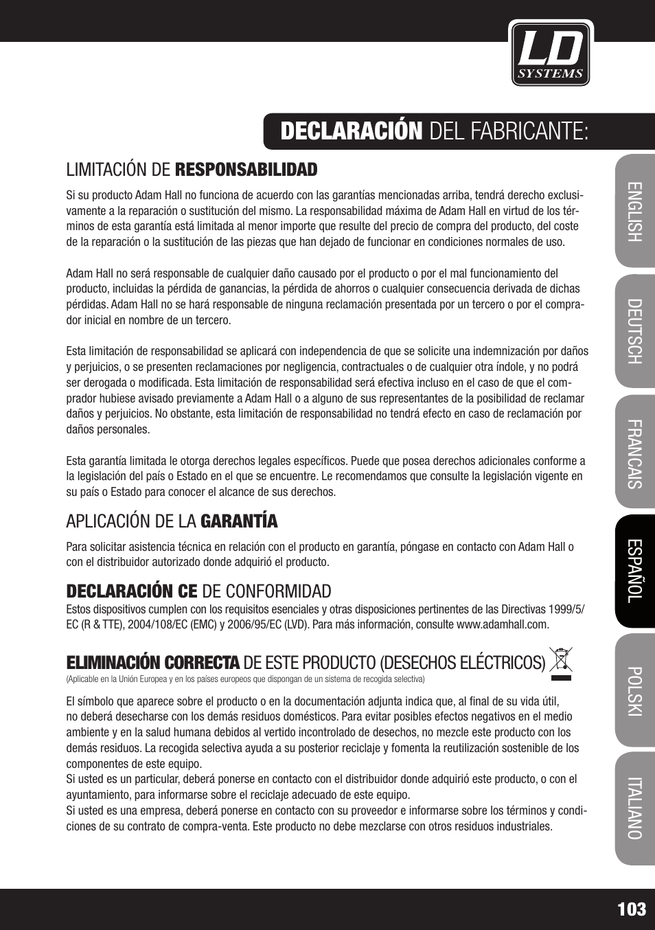 Declaración del fabricante | LD Systems WS 1000 G2 User Manual | Page 103 / 160