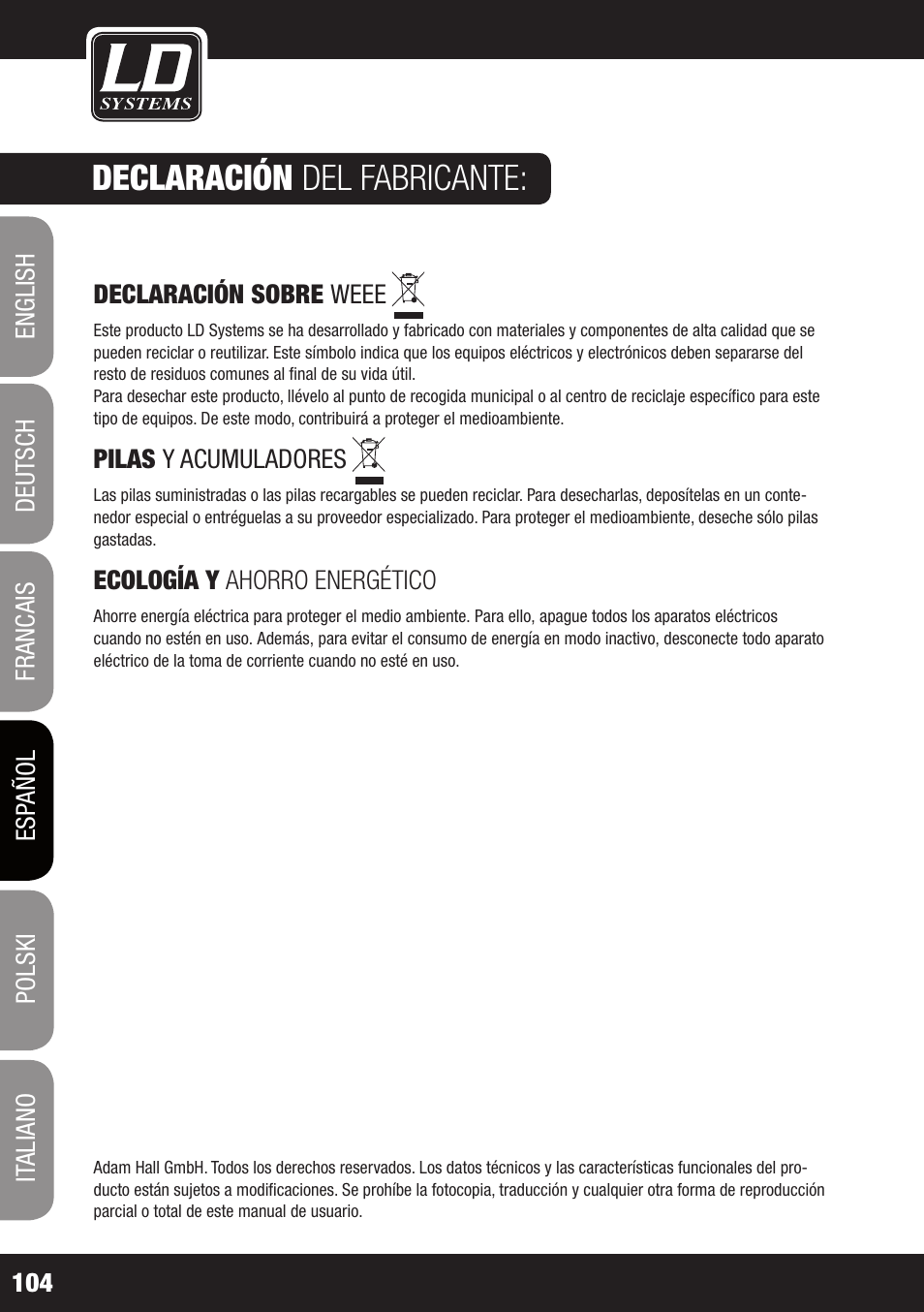 Declaración del fabricante | LD Systems WS 1000 G2 User Manual | Page 104 / 160