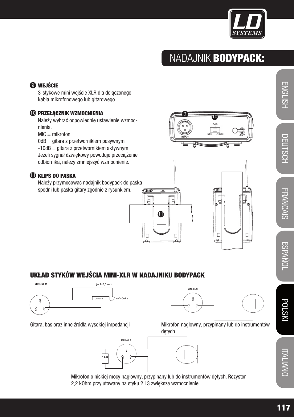 Nadajnik, Bodypack, Układ styków wejścia mini-xlr w nadajniku bodypack | LD Systems WS 1000 G2 User Manual | Page 117 / 160