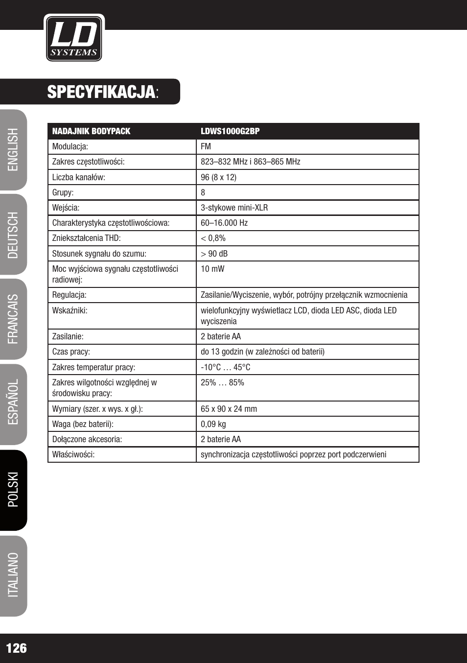 Specyfikacja | LD Systems WS 1000 G2 User Manual | Page 126 / 160