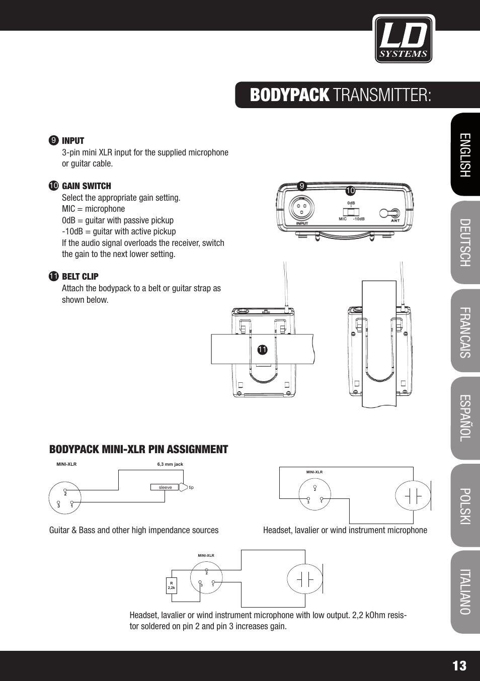 Bodypack transmitter, Bodypack mini-xlr pin assignment | LD Systems WS 1000 G2 User Manual | Page 13 / 160