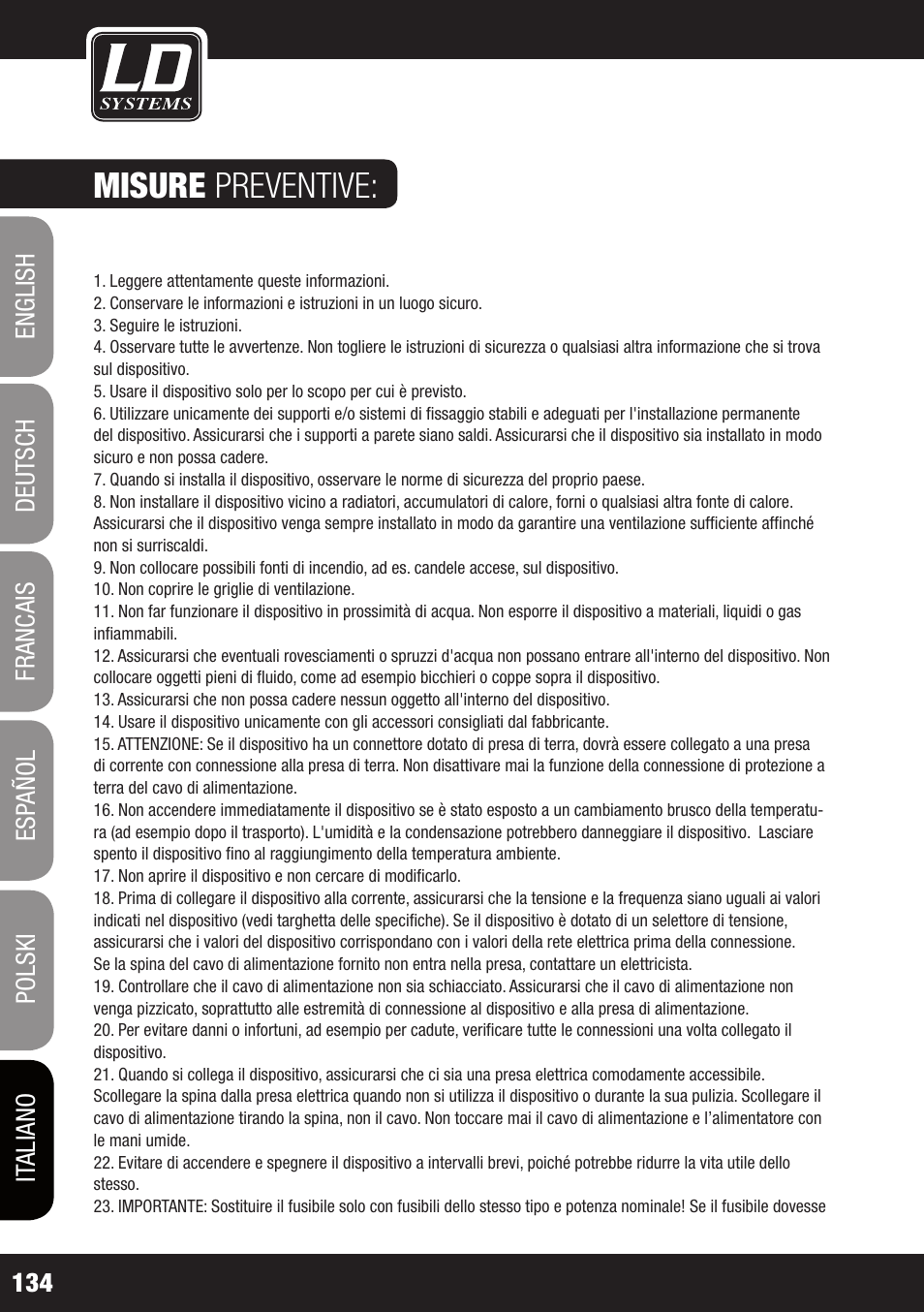 Misure preventive | LD Systems WS 1000 G2 User Manual | Page 134 / 160