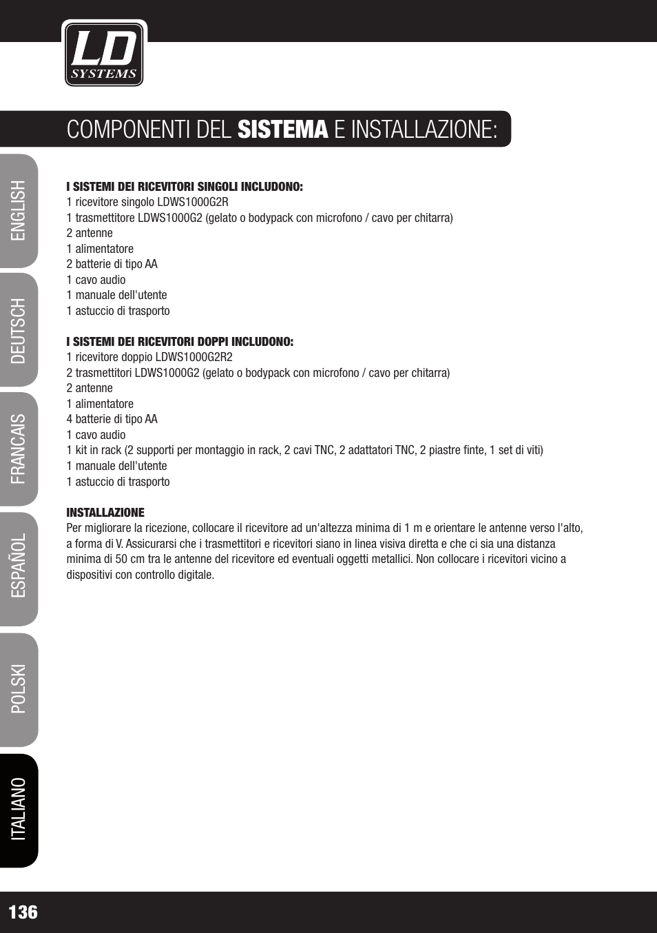 Componenti del sistema e installazione | LD Systems WS 1000 G2 User Manual | Page 136 / 160