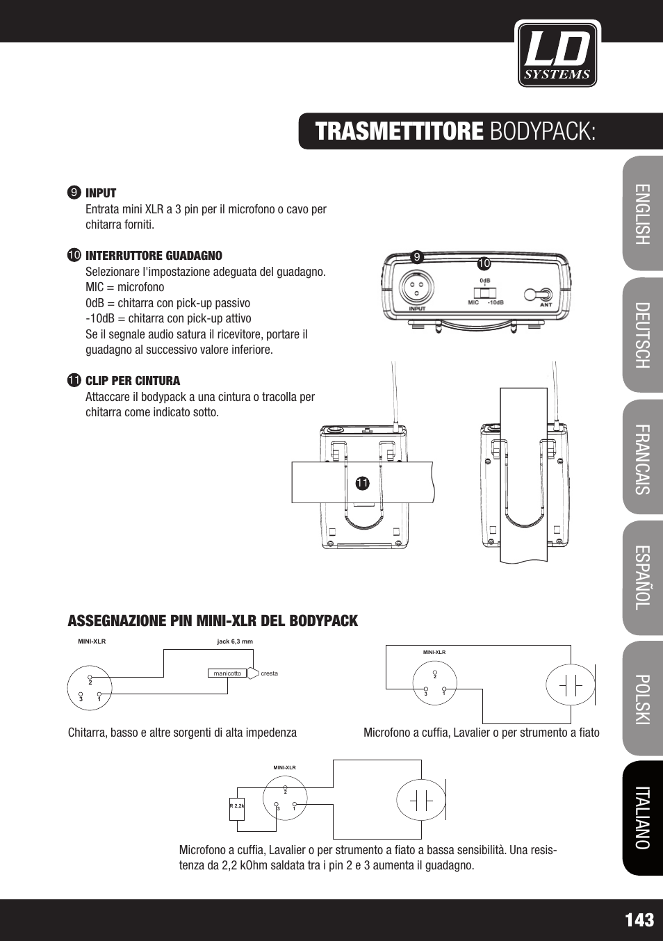 Trasmettitore bodypack, Assegnazione pin mini-xlr del bodypack | LD Systems WS 1000 G2 User Manual | Page 143 / 160