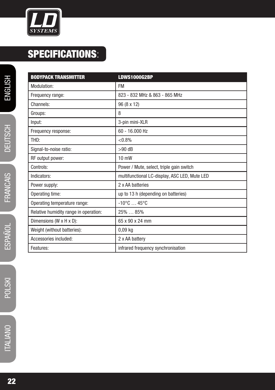 Specifications | LD Systems WS 1000 G2 User Manual | Page 22 / 160