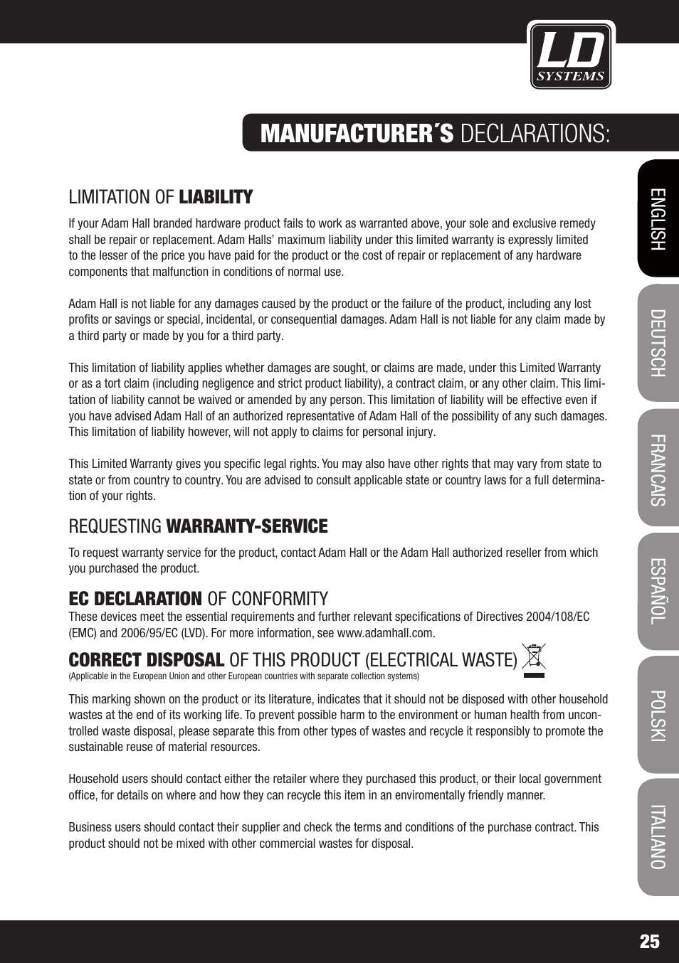 Manufacturer´s declarations | LD Systems WS 1000 G2 User Manual | Page 25 / 160