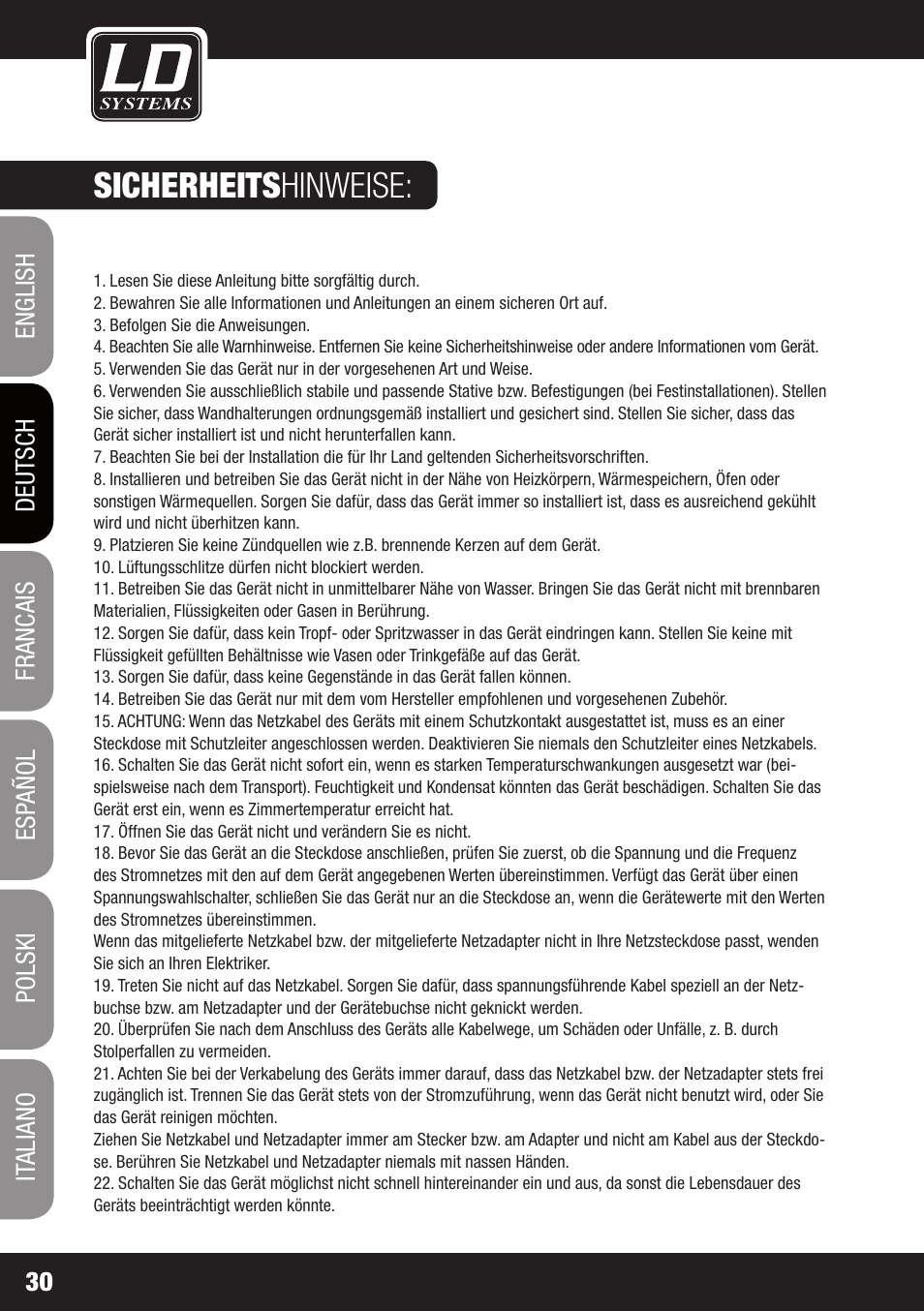 Sicherheits hinweise | LD Systems WS 1000 G2 User Manual | Page 30 / 160