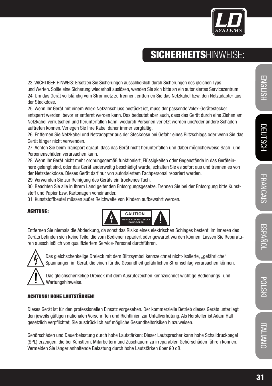 Sicherheits hinweise | LD Systems WS 1000 G2 User Manual | Page 31 / 160