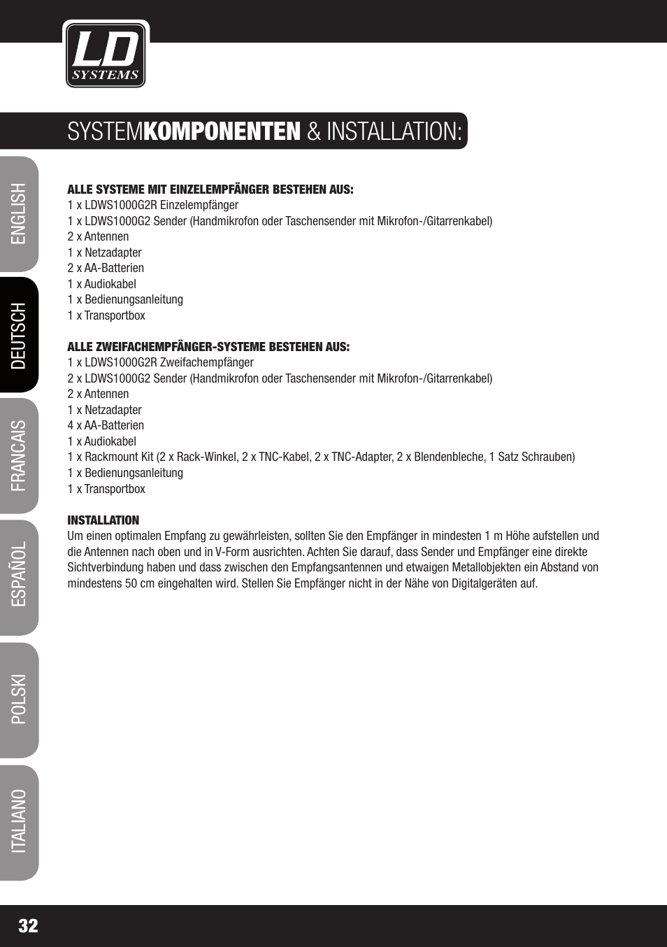 System komponenten & installation | LD Systems WS 1000 G2 User Manual | Page 32 / 160