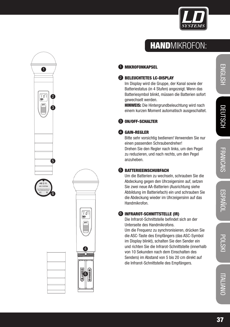 Hand mikrofon | LD Systems WS 1000 G2 User Manual | Page 37 / 160