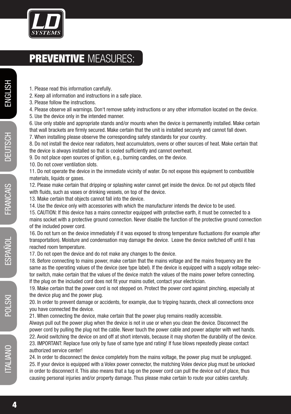 Preventive measures | LD Systems WS 1000 G2 User Manual | Page 4 / 160