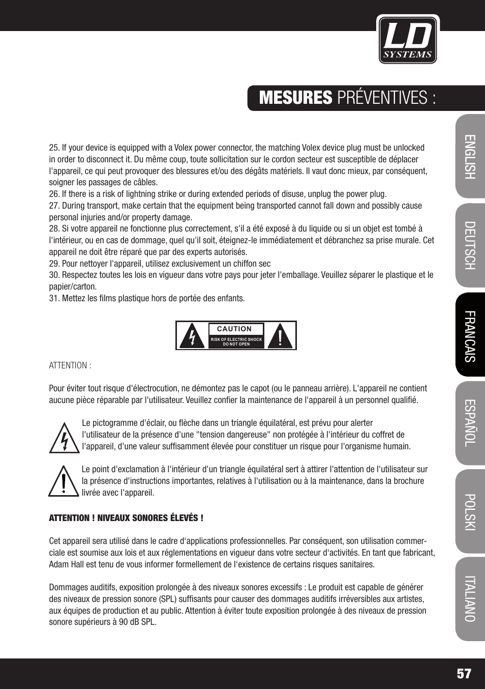 Mesures préventives | LD Systems WS 1000 G2 User Manual | Page 57 / 160