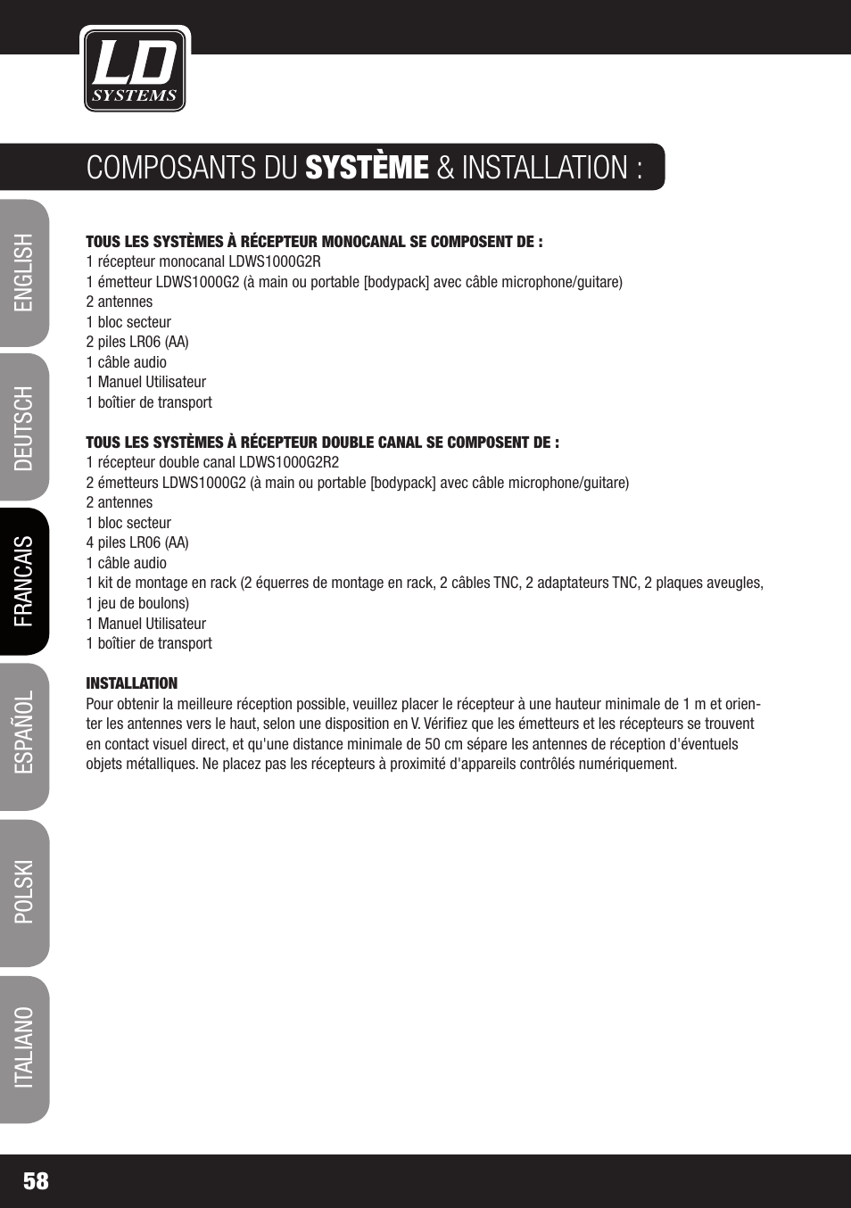 Composants du système & installation | LD Systems WS 1000 G2 User Manual | Page 58 / 160