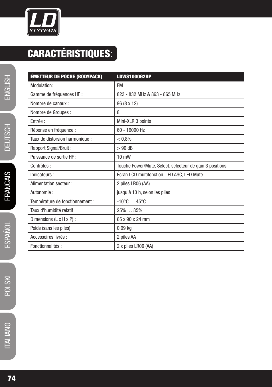 Caractéristiques | LD Systems WS 1000 G2 User Manual | Page 74 / 160