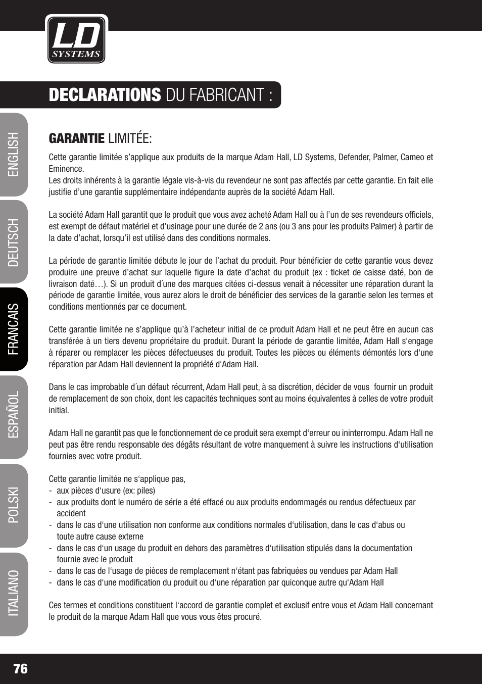 Declarations du fabricant | LD Systems WS 1000 G2 User Manual | Page 76 / 160