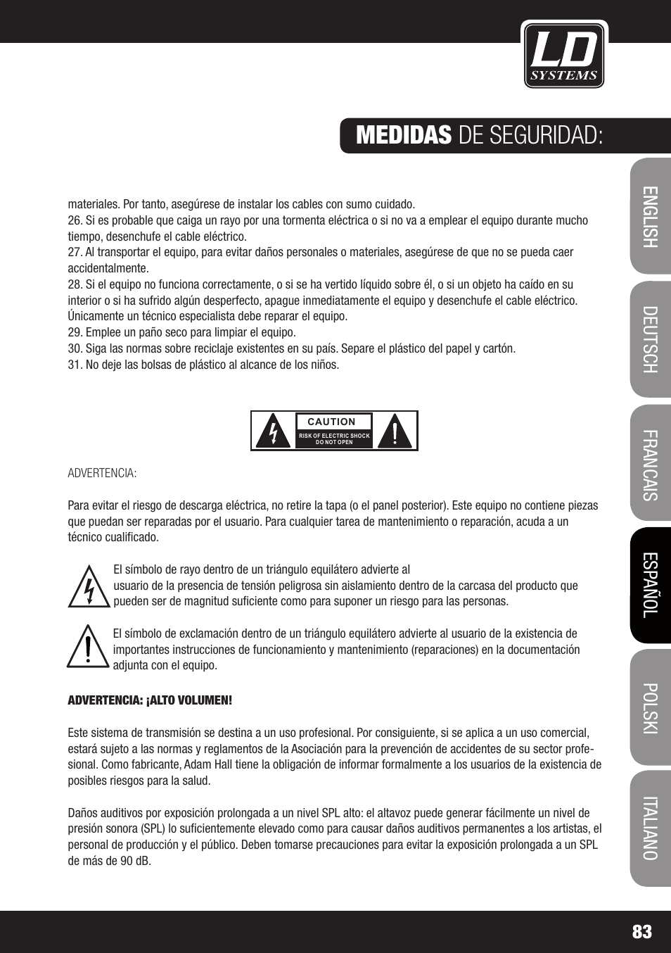Medidas de seguridad | LD Systems WS 1000 G2 User Manual | Page 83 / 160