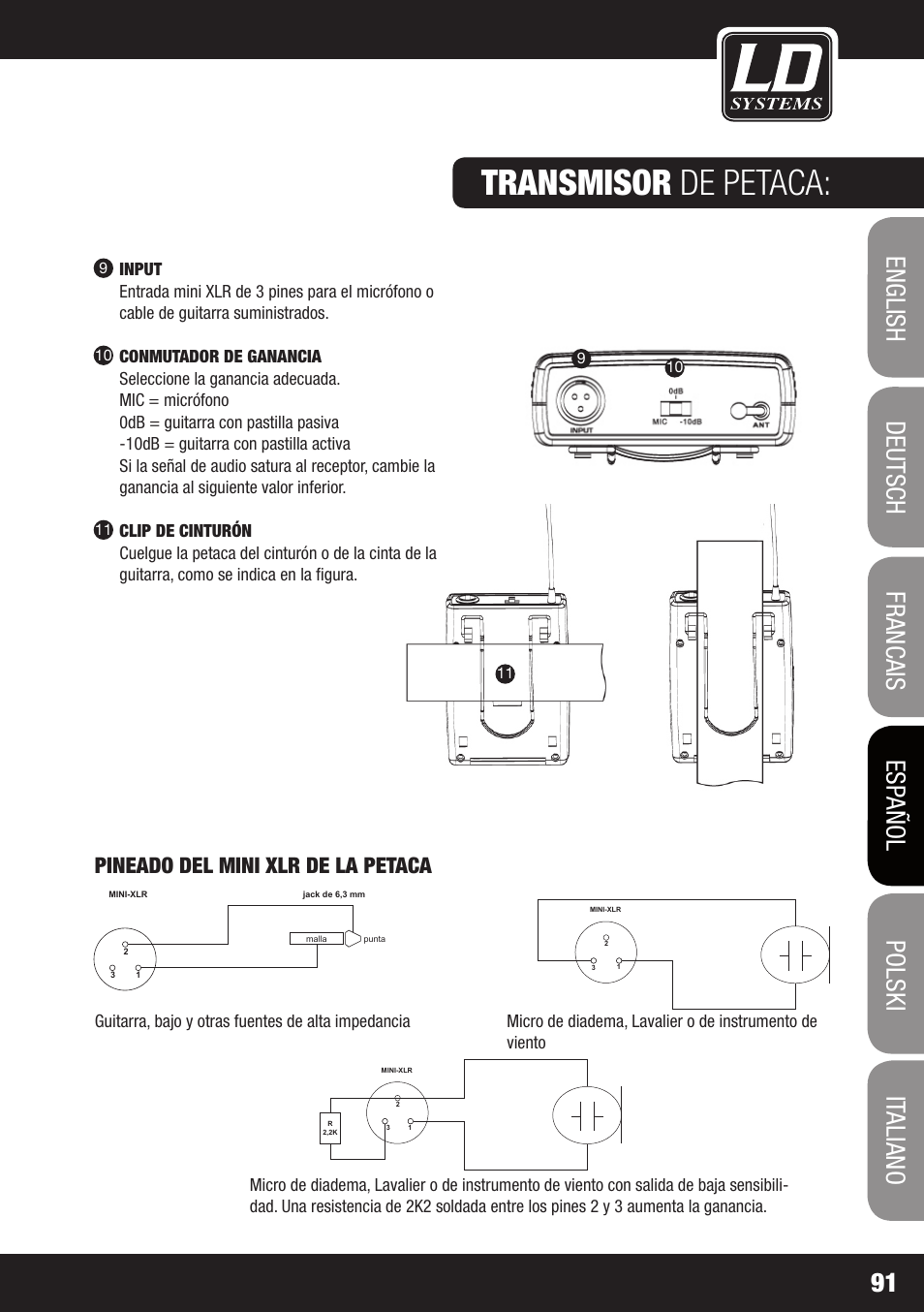 Transmisor de petaca, Pineado del mini xlr de la petaca | LD Systems WS 1000 G2 User Manual | Page 91 / 160