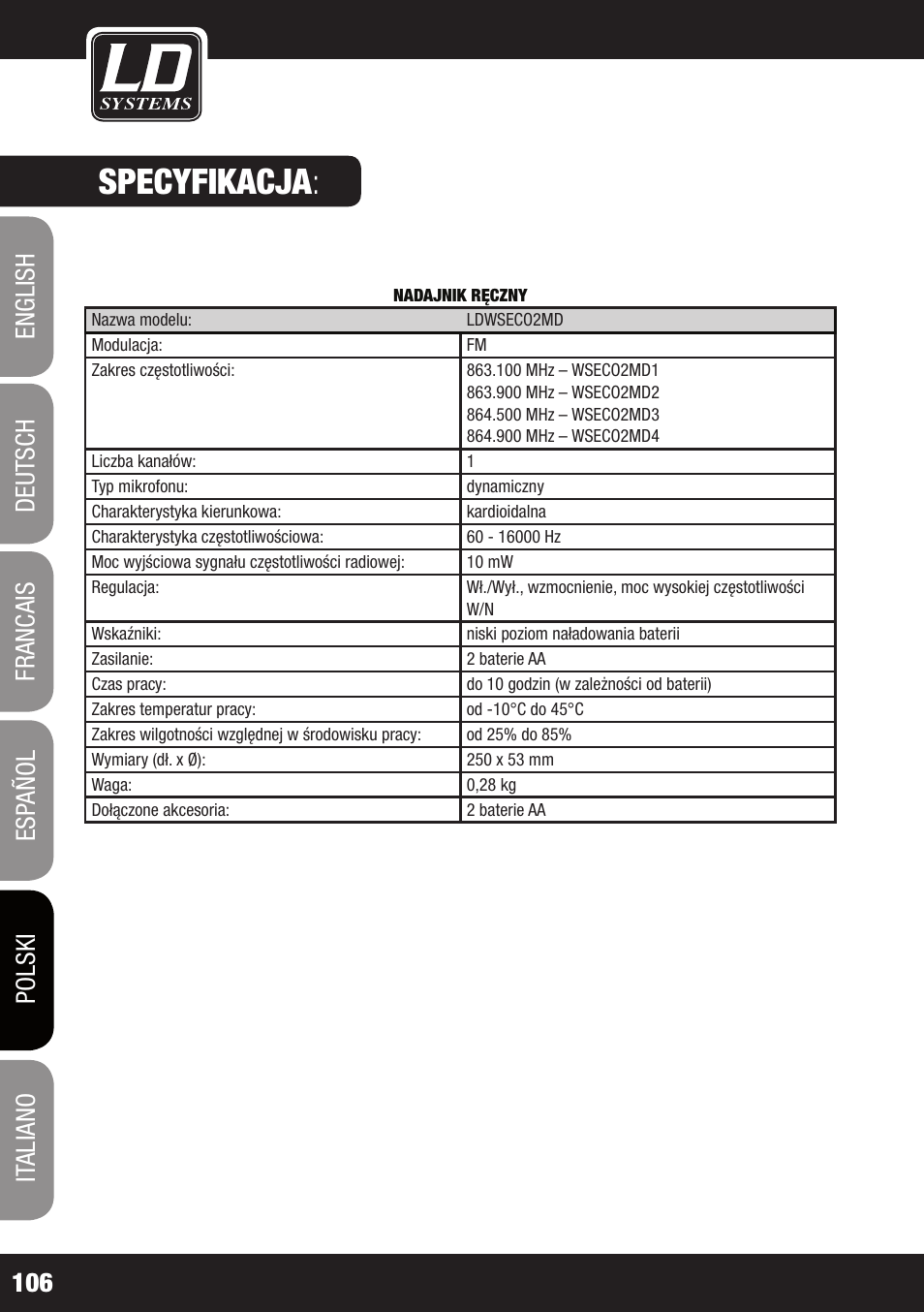 Specyfikacja | LD Systems ECO 2X2 User Manual | Page 106 / 136