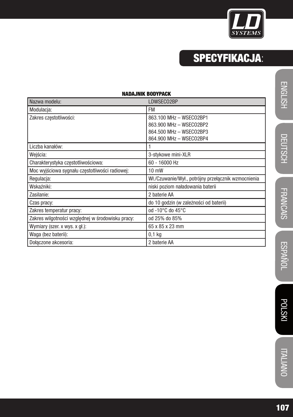 Specyfikacja | LD Systems ECO 2X2 User Manual | Page 107 / 136