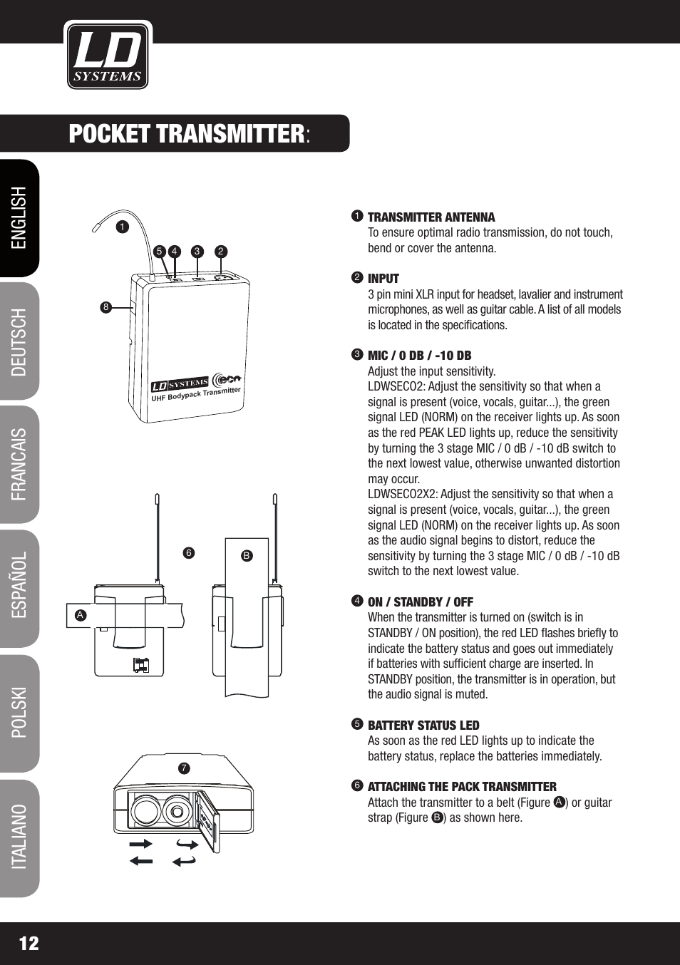 Pocket transmitter | LD Systems ECO 2X2 User Manual | Page 12 / 136
