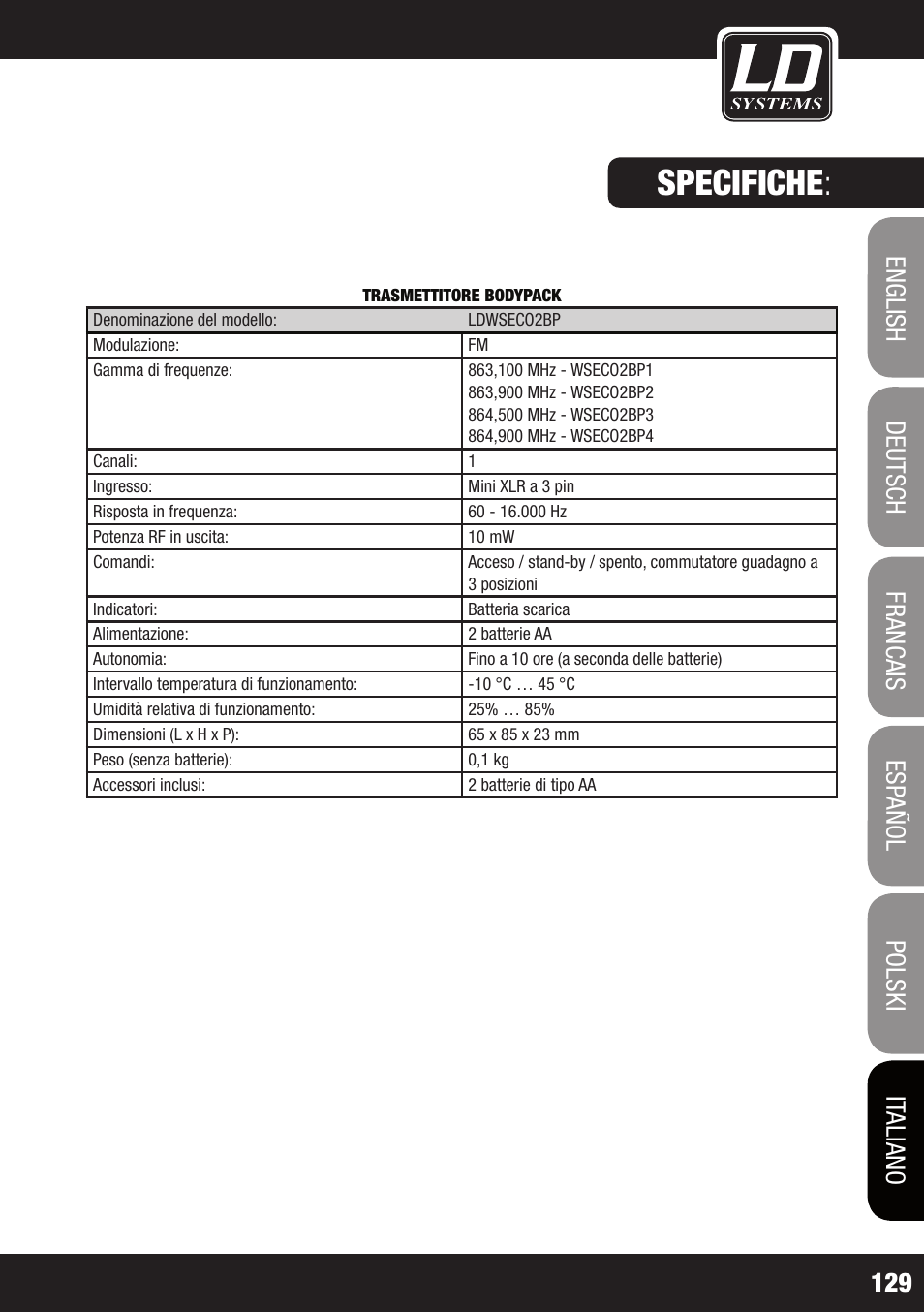 Specifiche | LD Systems ECO 2X2 User Manual | Page 129 / 136