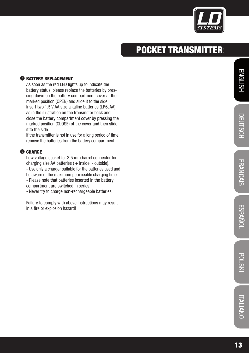 Pocket transmitter | LD Systems ECO 2X2 User Manual | Page 13 / 136