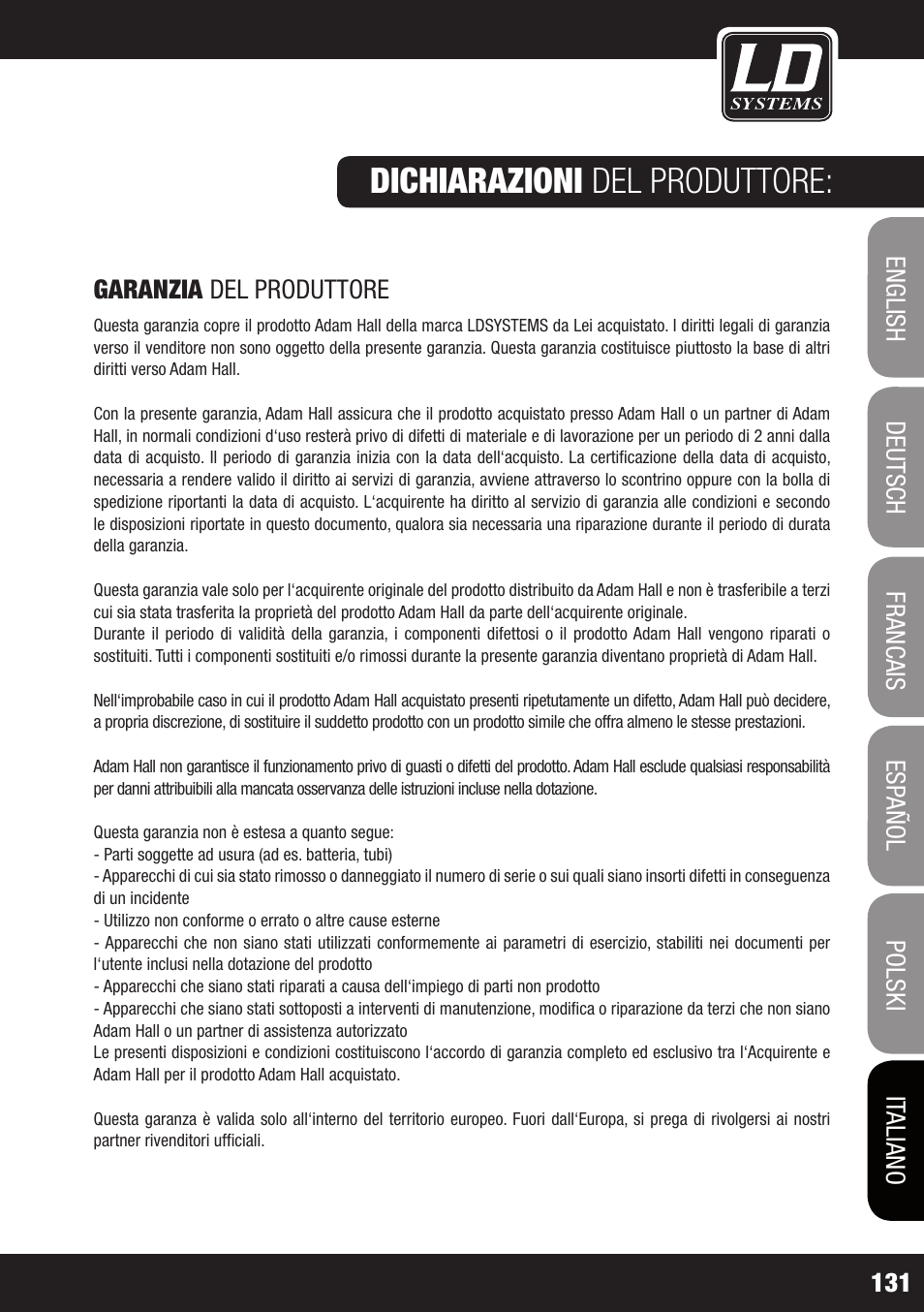 Specifiche : dichiarazioni del produttore | LD Systems ECO 2X2 User Manual | Page 131 / 136