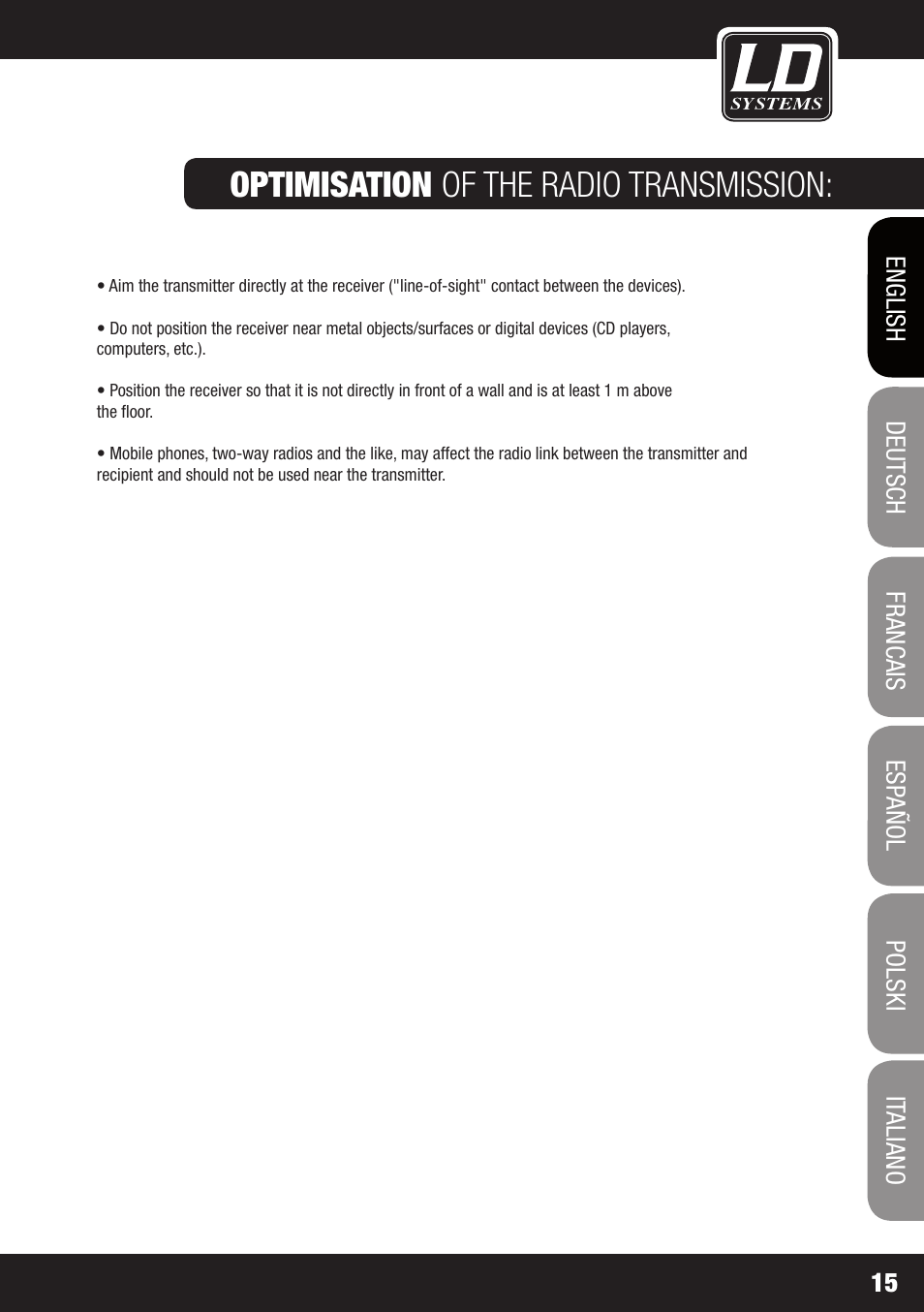 Optimisation of the radio transmission | LD Systems ECO 2X2 User Manual | Page 15 / 136