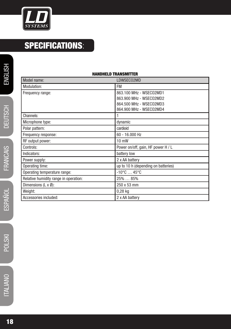 Specifications | LD Systems ECO 2X2 User Manual | Page 18 / 136