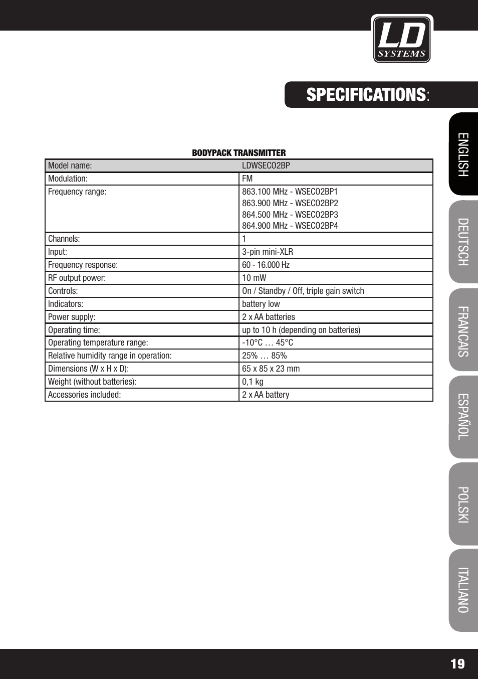 Specifications | LD Systems ECO 2X2 User Manual | Page 19 / 136