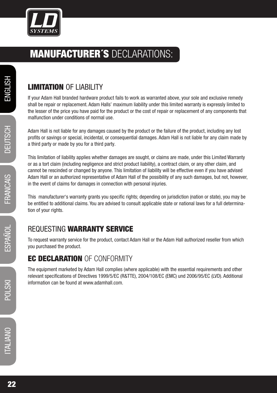 Manufacturer´s declarations | LD Systems ECO 2X2 User Manual | Page 22 / 136