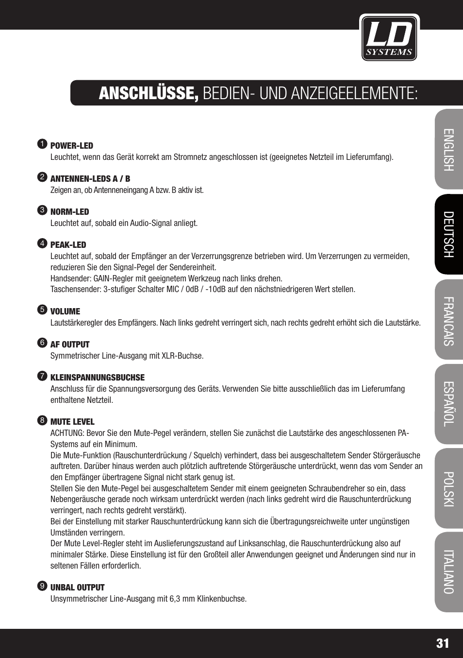 Anschlüsse, bedien- und anzeigeelemente | LD Systems ECO 2X2 User Manual | Page 31 / 136