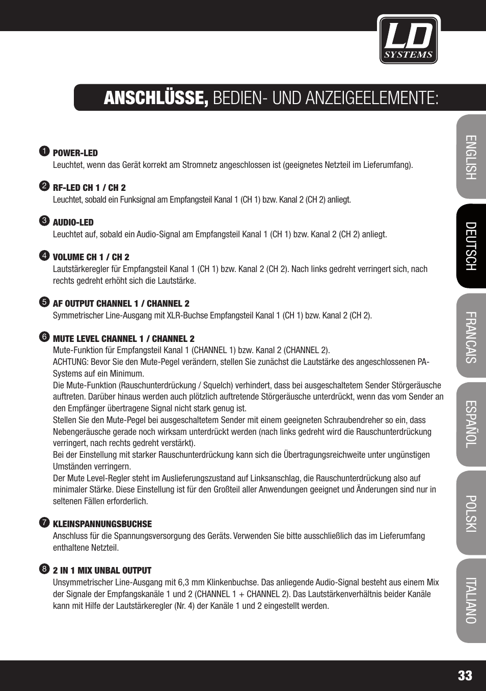 Anschlüsse, bedien- und anzeigeelemente | LD Systems ECO 2X2 User Manual | Page 33 / 136