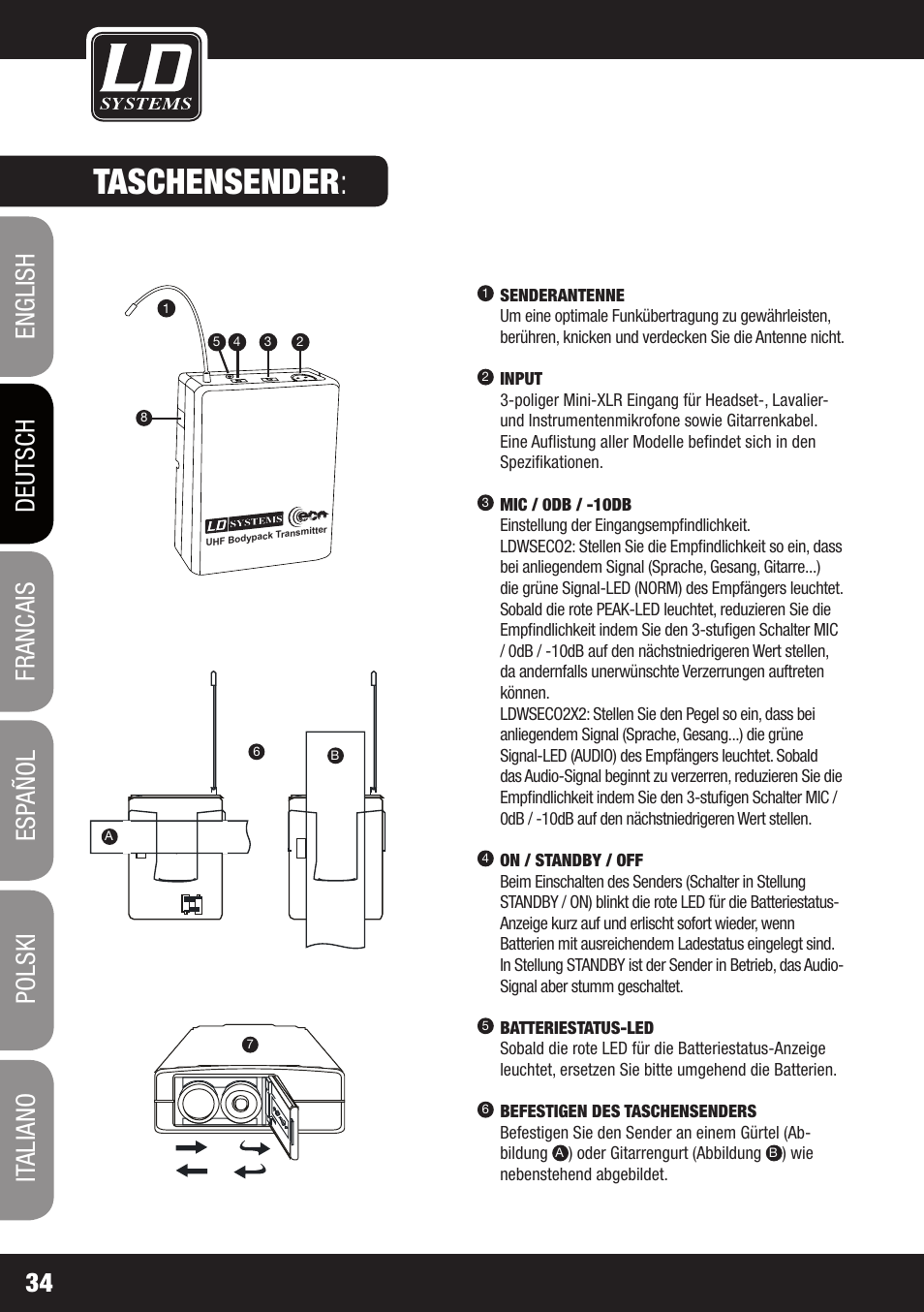 Taschensender | LD Systems ECO 2X2 User Manual | Page 34 / 136