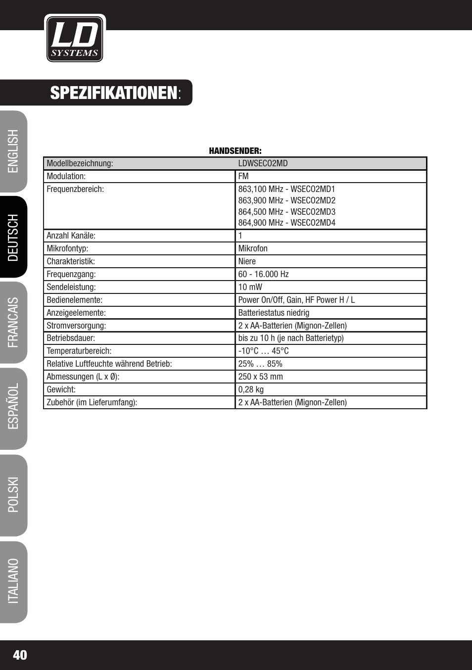 Spezifikationen | LD Systems ECO 2X2 User Manual | Page 40 / 136