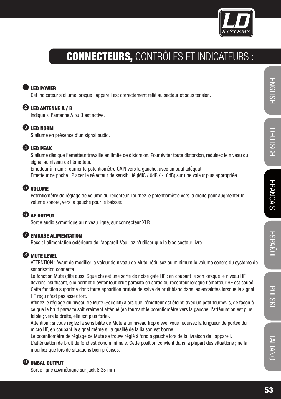 Connecteurs, contrôles et indicateurs | LD Systems ECO 2X2 User Manual | Page 53 / 136