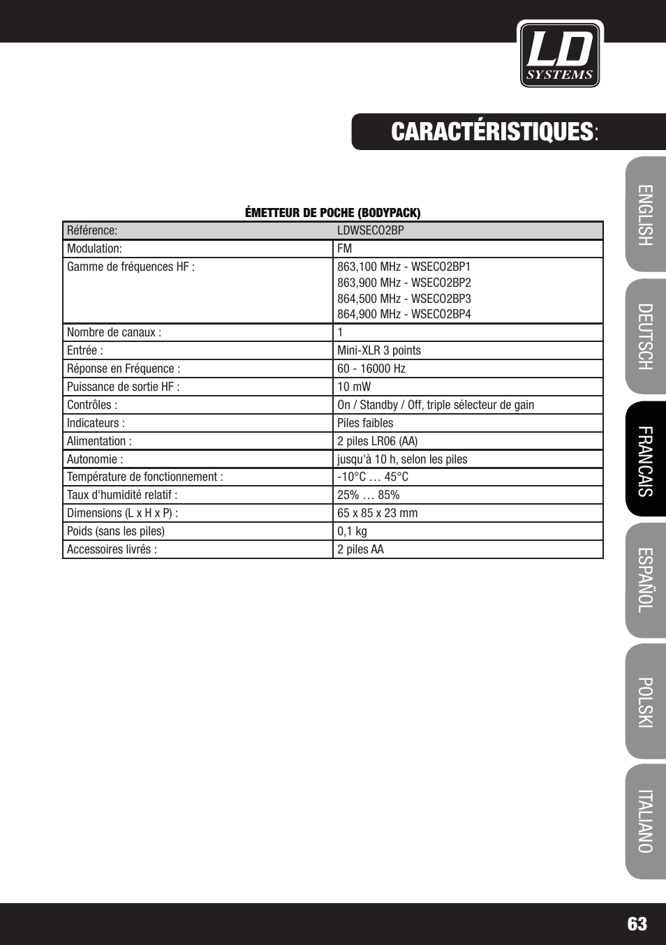 Caractéristiques | LD Systems ECO 2X2 User Manual | Page 63 / 136