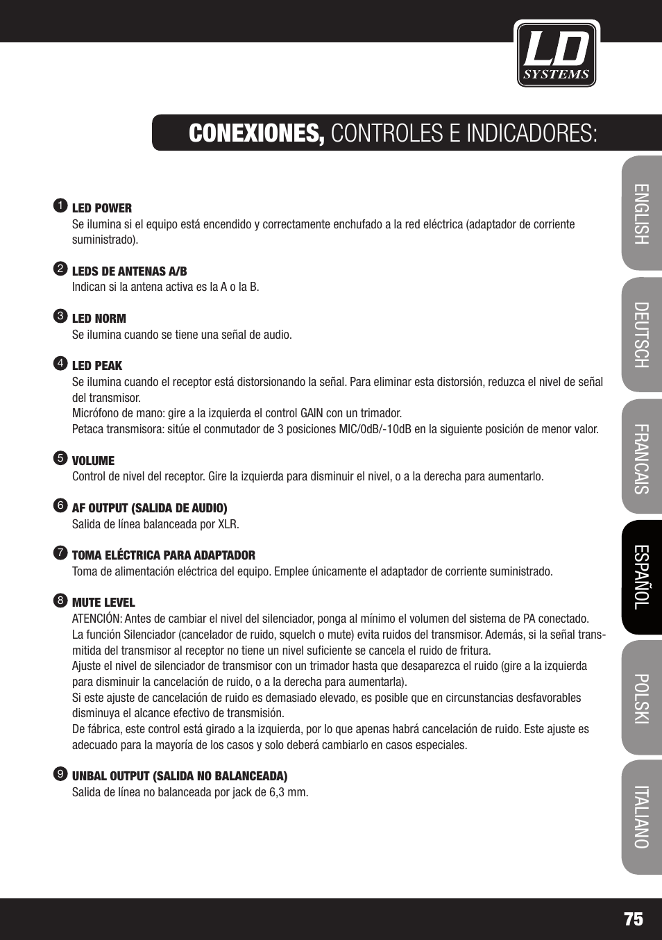 Conexiones, controles e indicadores | LD Systems ECO 2X2 User Manual | Page 75 / 136