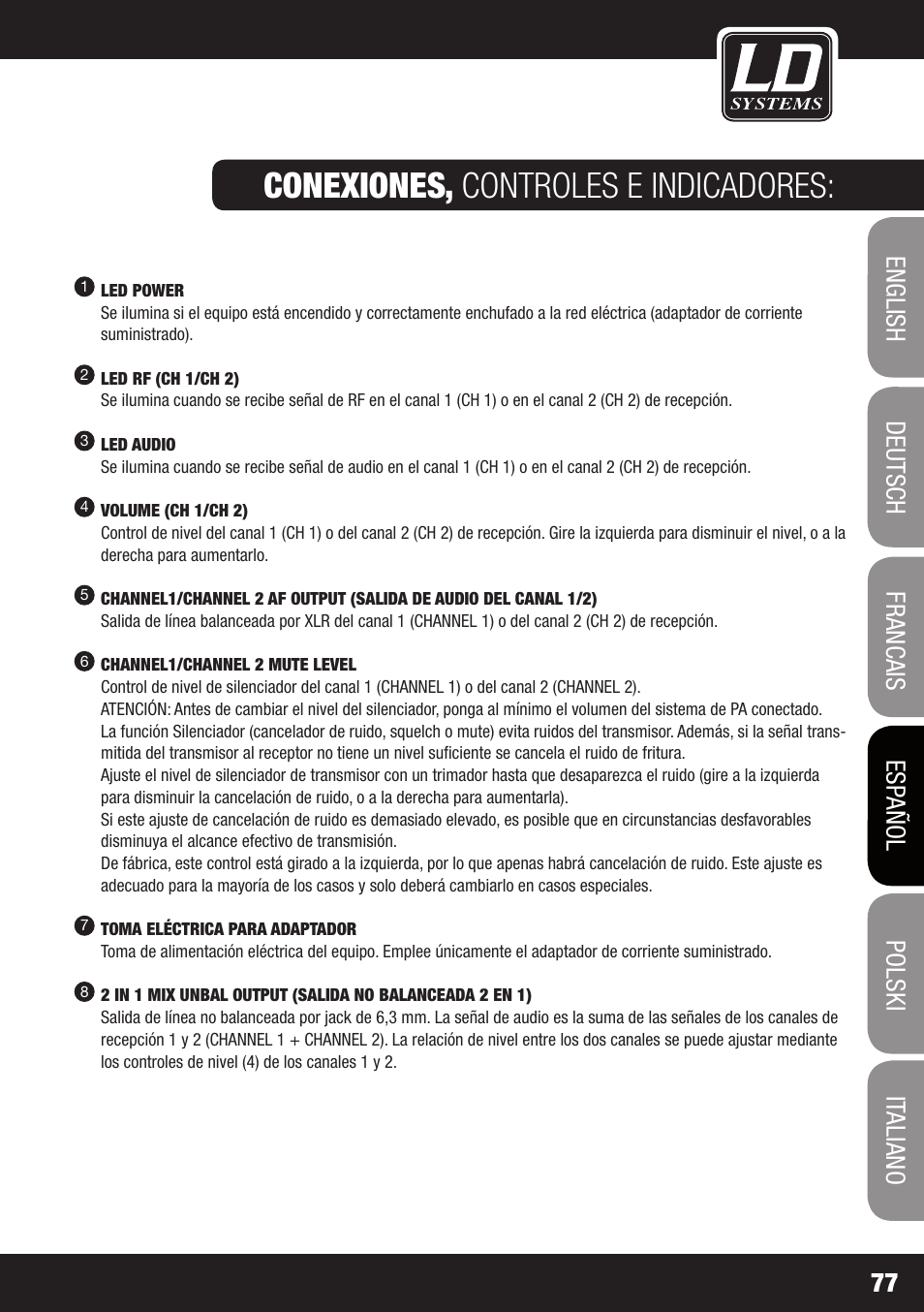 Conexiones, controles e indicadores | LD Systems ECO 2X2 User Manual | Page 77 / 136